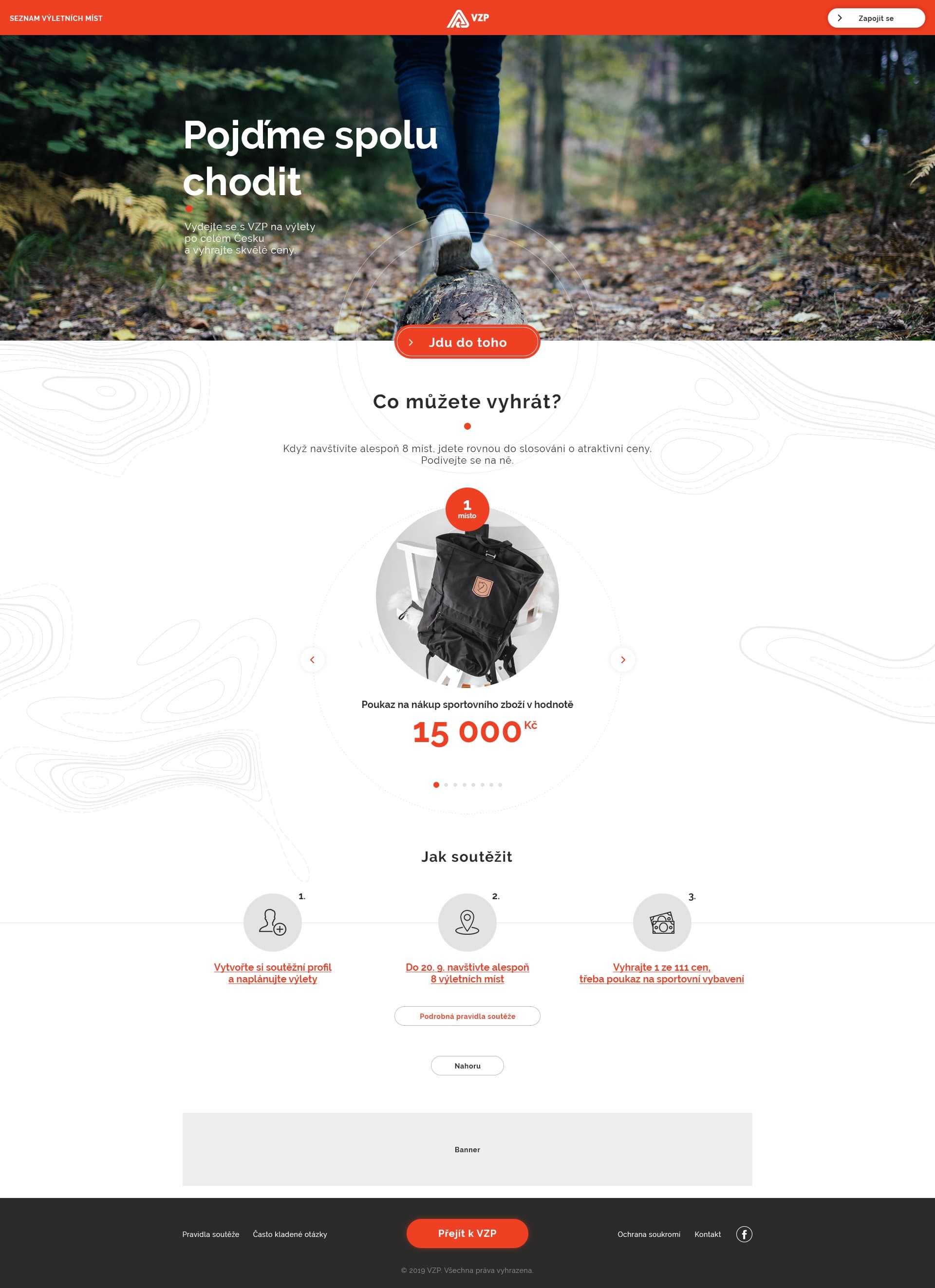 VZP walking campaign landing page with prizes to win and a three step guide to joining the competition