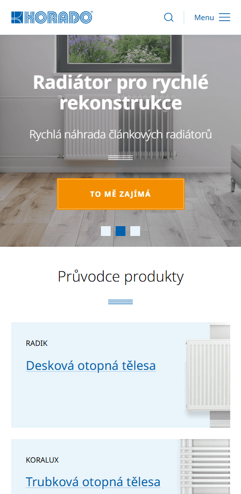 Redesigned Korado homepage on a phone, with a radiator hero banner and the product guide below