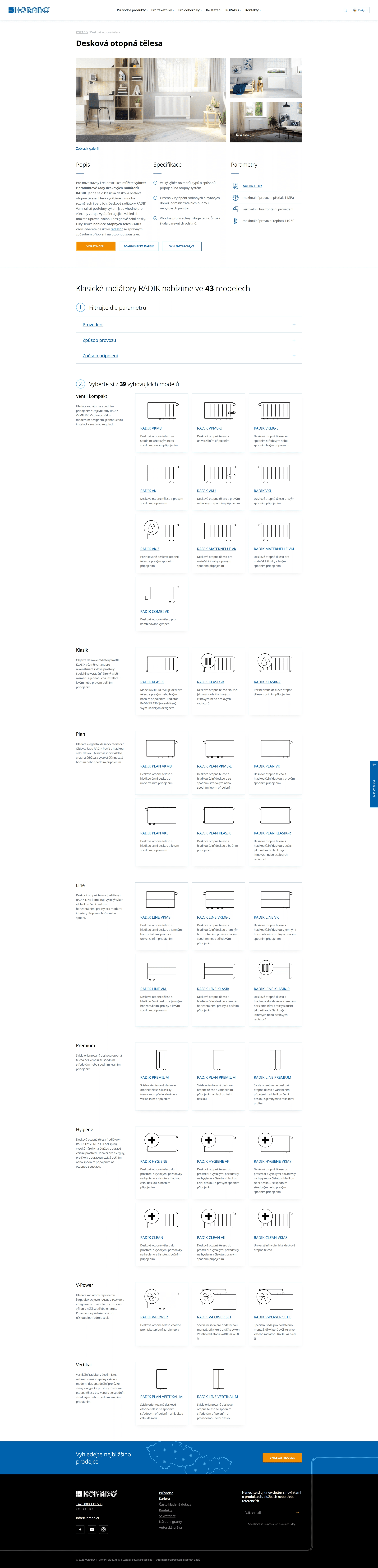 Redesigned panel radiators page with photos, a description, specifications and parameters, a parameter filter and a grid of RADIK models grouped by type