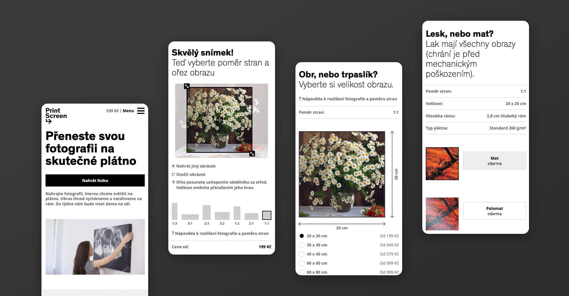 Four Printscreen.cz mobile screens: the homepage with an upload button, cropping a photo, choosing a canvas size and picking a gloss or matte finish